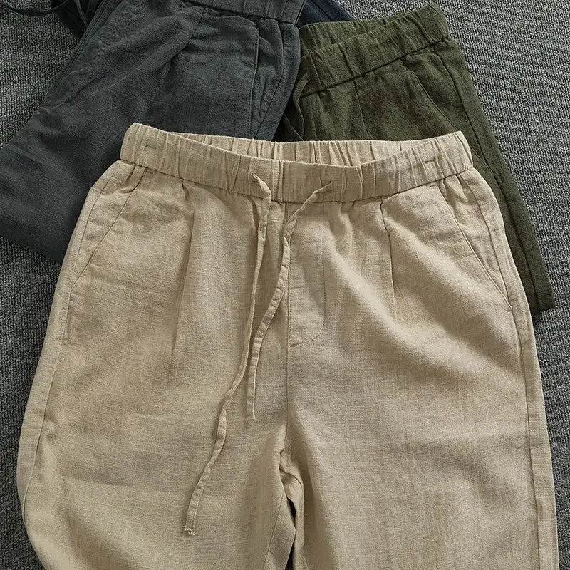 Retro ramie pants men loose straight cone pants cotton and hemp trend business casual pants by White Beach