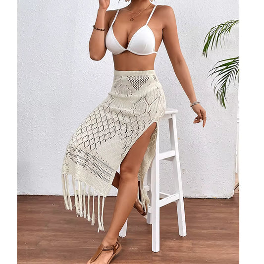 Women Knitted Texture Sarong Skirts Sexy High Slit Tassel Cover-Up Beach Summer Vacation Wrapped Skirt Bikini Cover Up by AliShop