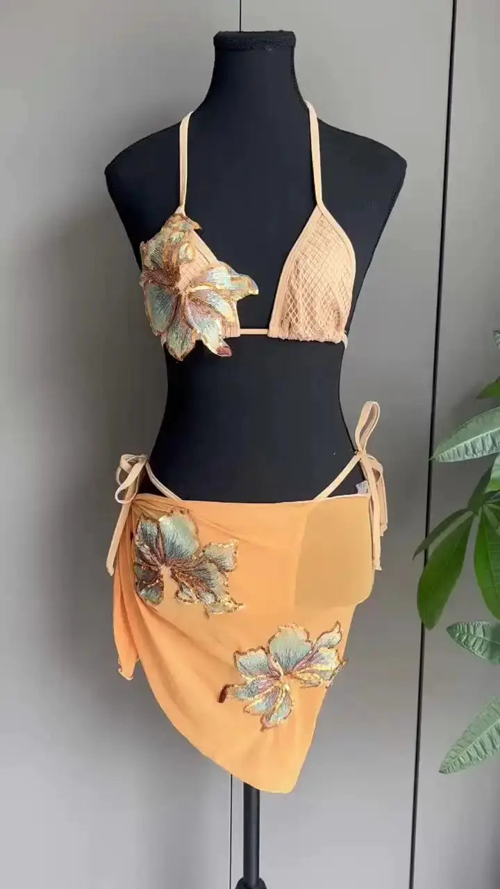 3 Pieces Bikini 2025 Sexy Women Swimsuit Swimwear Female Bikini Set Beachwear Bathing Suit Flower Sarong Swimming Suit Cover Ups by AliShop
