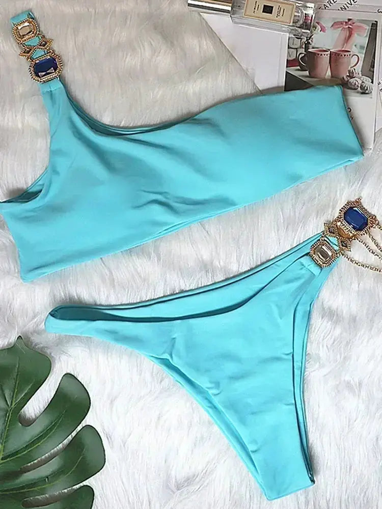 2026 Shiny Rhinestone Diamond Bikini Women Swimsuit Female Swimwear Two Pieces Bikini Set Halter Metal Chains Bathing Suit Swim by White Beach