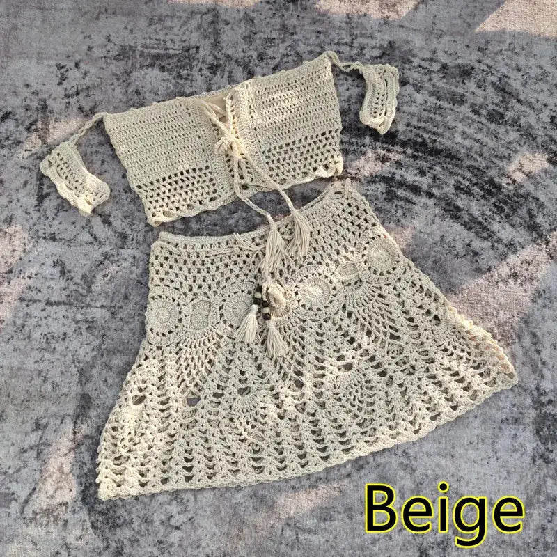 Hand Crochet Women Swimwear Sexy Beach Bikini Set Cover UP Skirt Boho Style Elastic Waistband Tassels by White Beach