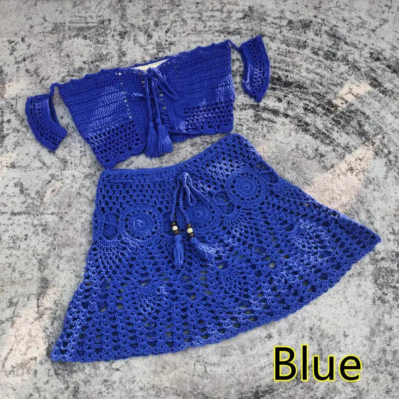 Hand Crochet Women Swimwear Sexy Beach Bikini Set Cover UP Skirt Boho Style Elastic Waistband Tassels by White Beach