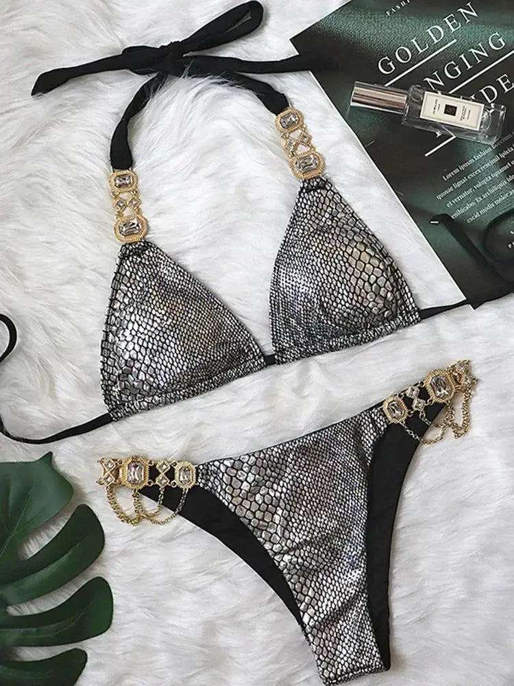 2026 Shiny Rhinestone Diamond Bikini Women Swimsuit Female Swimwear Two Pieces Bikini Set Halter Metal Chains Bathing Suit Swim by White Beach