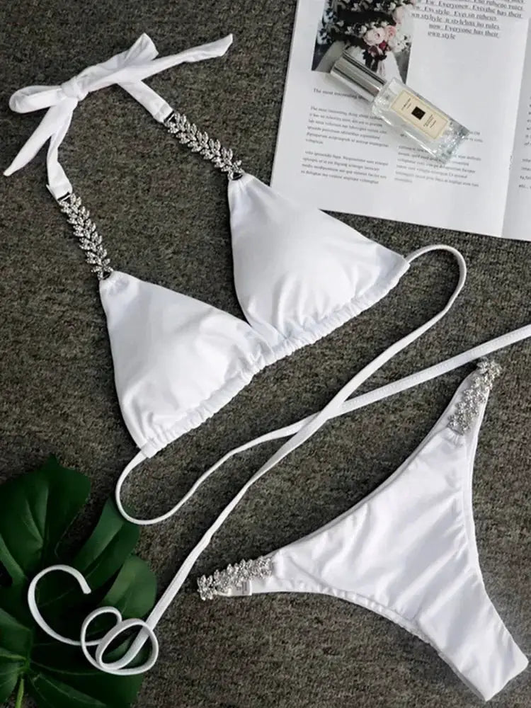 2026 Shiny Rhinestone Diamond Bikini Women Swimsuit Female Swimwear Two Pieces Bikini Set Halter Metal Chains Bathing Suit Swim by White Beach