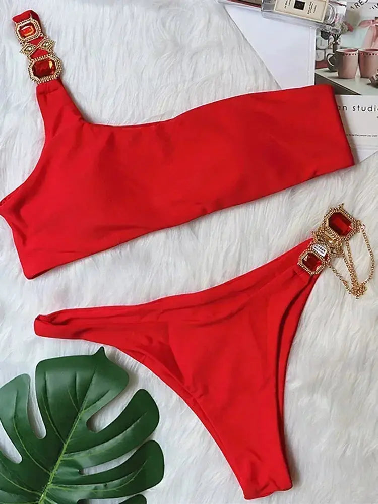 2026 Shiny Rhinestone Diamond Bikini Women Swimsuit Female Swimwear Two Pieces Bikini Set Halter Metal Chains Bathing Suit Swim by White Beach