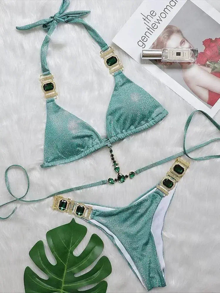 2026 Shiny Rhinestone Diamond Bikini Women Swimsuit Female Swimwear Two Pieces Bikini Set Halter Metal Chains Bathing Suit Swim by White Beach