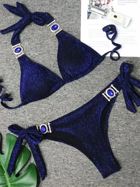 2026 Shiny Rhinestone Diamond Bikini Women Swimsuit Female Swimwear Two Pieces Bikini Set Halter Metal Chains Bathing Suit Swim by White Beach