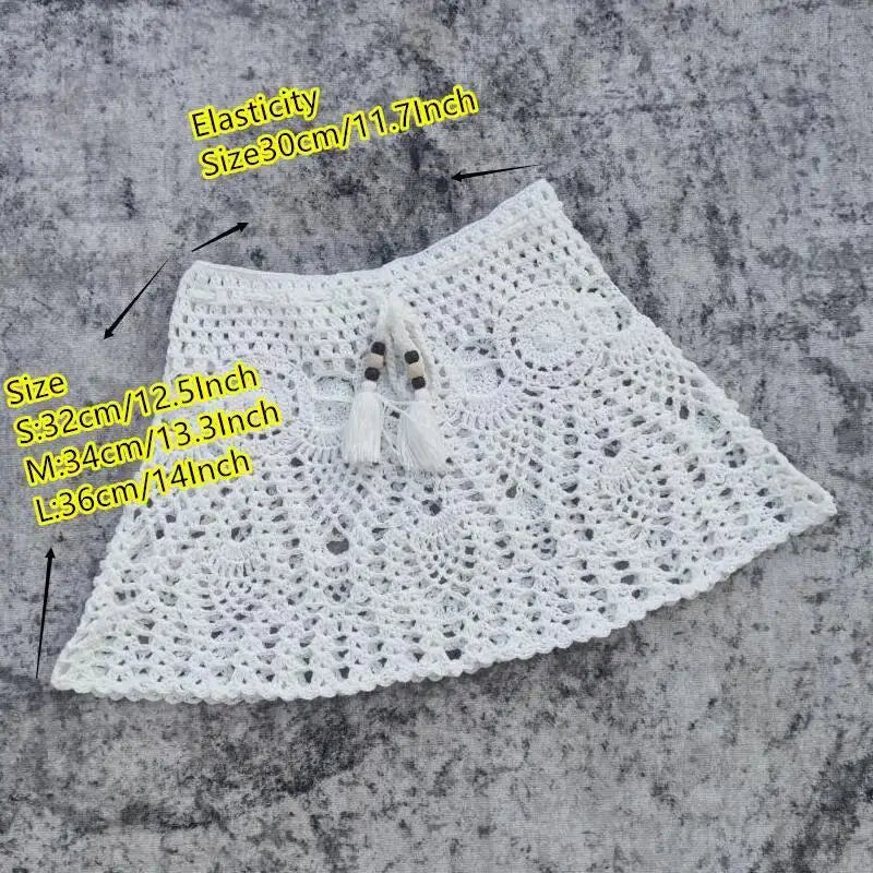 Hand Crochet Women Swimwear Sexy Beach Bikini Set Cover UP Skirt Boho Style Elastic Waistband Tassels by White Beach