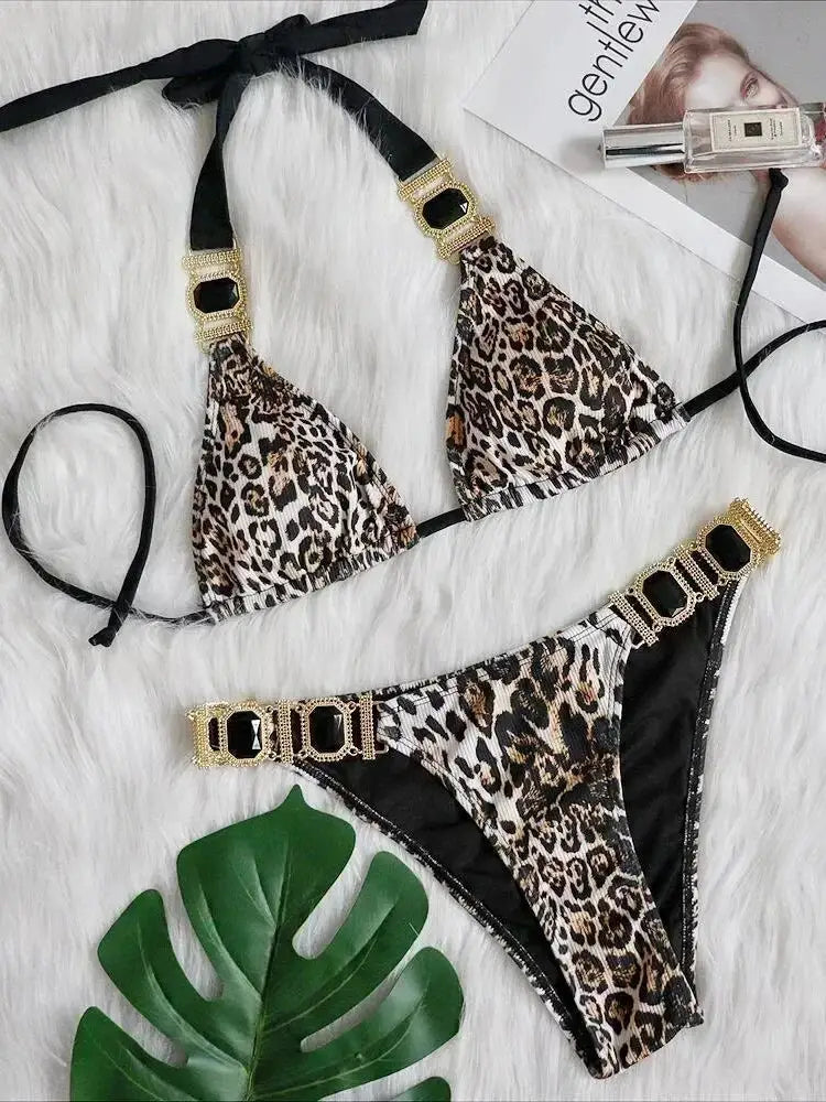 2026 Shiny Rhinestone Diamond Bikini Women Swimsuit Female Swimwear Two Pieces Bikini Set Halter Metal Chains Bathing Suit Swim by White Beach