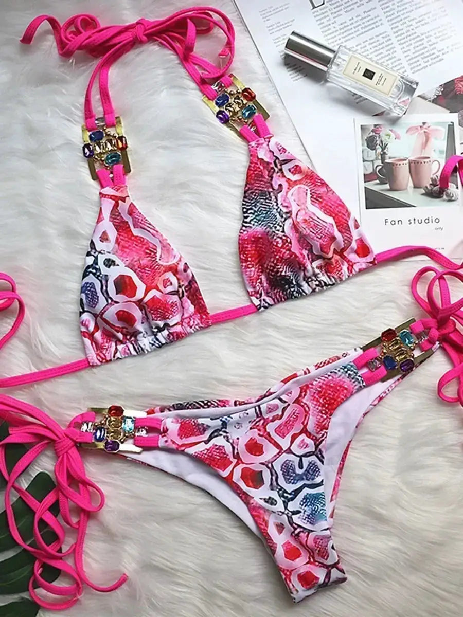 2026 Shiny Rhinestone Diamond Bikini Women Swimsuit Female Swimwear Two Pieces Bikini Set Halter Metal Chains Bathing Suit Swim by White Beach