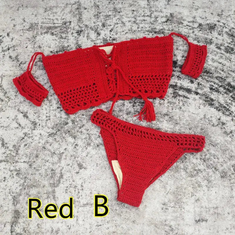 Hand Crochet Women Swimwear Sexy Beach Bikini Set Cover UP Skirt Boho Style Elastic Waistband Tassels by White Beach