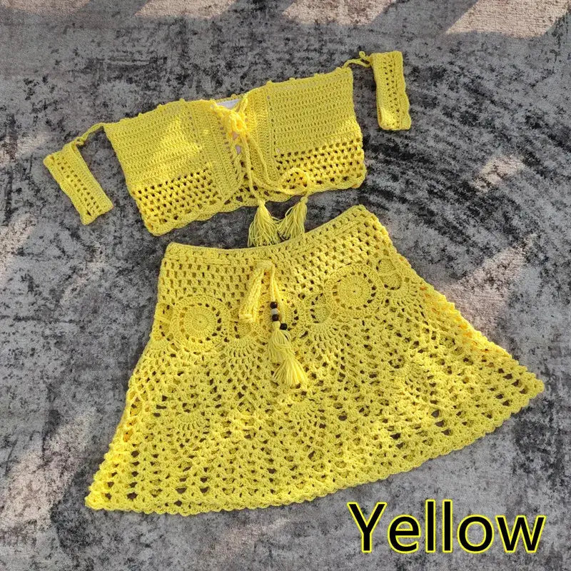 Hand Crochet Women Swimwear Sexy Beach Bikini Set Cover UP Skirt Boho Style Elastic Waistband Tassels by White Beach