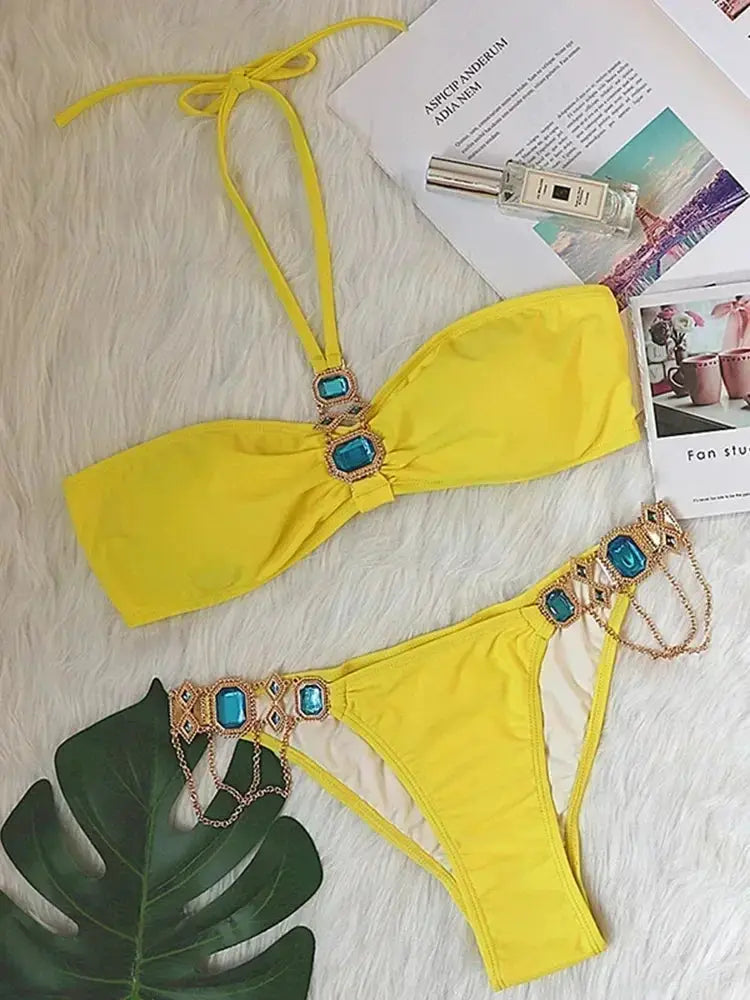 2026 Shiny Rhinestone Diamond Bikini Women Swimsuit Female Swimwear Two Pieces Bikini Set Halter Metal Chains Bathing Suit Swim by White Beach