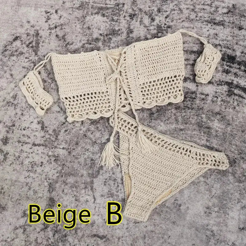 Hand Crochet Women Swimwear Sexy Beach Bikini Set Cover UP Skirt Boho Style Elastic Waistband Tassels by White Beach