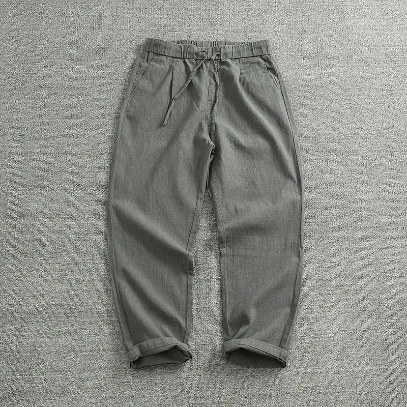 Retro ramie pants men loose straight cone pants cotton and hemp trend business casual pants by White Beach