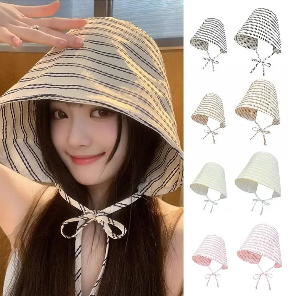 Cartoon Striped Fisherman Hat UV Resistant Sun Shading Bucket Hat Foldable Large Brim Sun Caps Women by White Beach