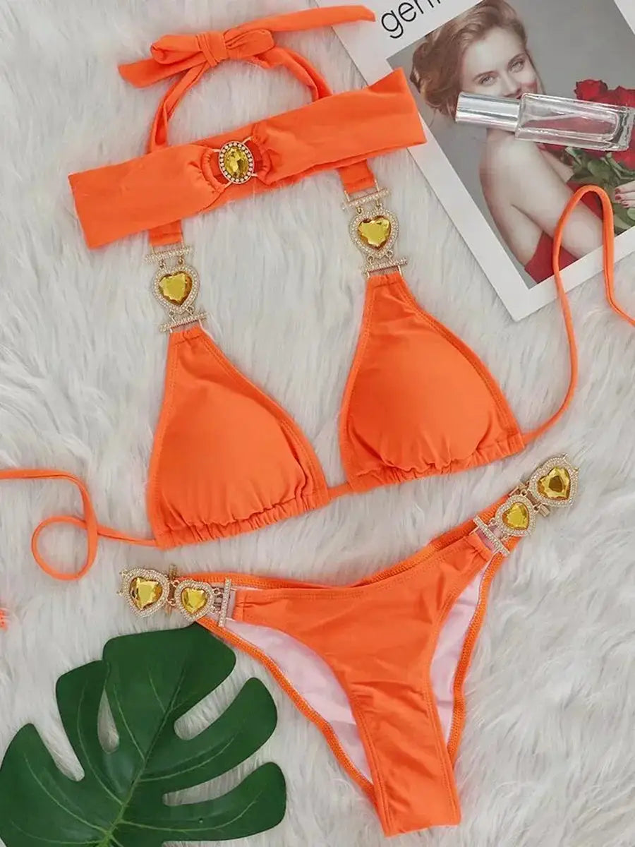 2026 Shiny Rhinestone Diamond Bikini Women Swimsuit Female Swimwear Two Pieces Bikini Set Halter Metal Chains Bathing Suit Swim by White Beach
