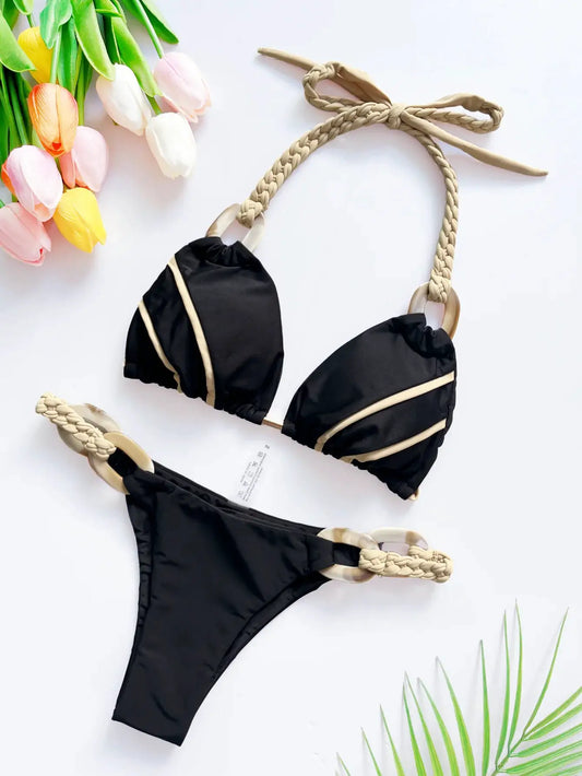 Weave triangle swimsuit lady biquinis Brazilian women bikini ring sexy bathing suit 2026 two pieces suits Halter micro swimwear by White Beach