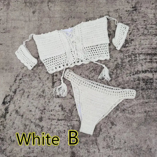 Hand Crochet Women Swimwear Sexy Beach Bikini Set Cover UP Skirt Boho Style Elastic Waistband Tassels by White Beach