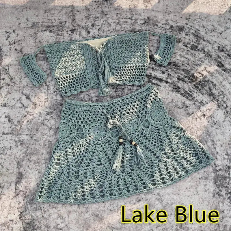 Hand Crochet Women Swimwear Sexy Beach Bikini Set Cover UP Skirt Boho Style Elastic Waistband Tassels by White Beach