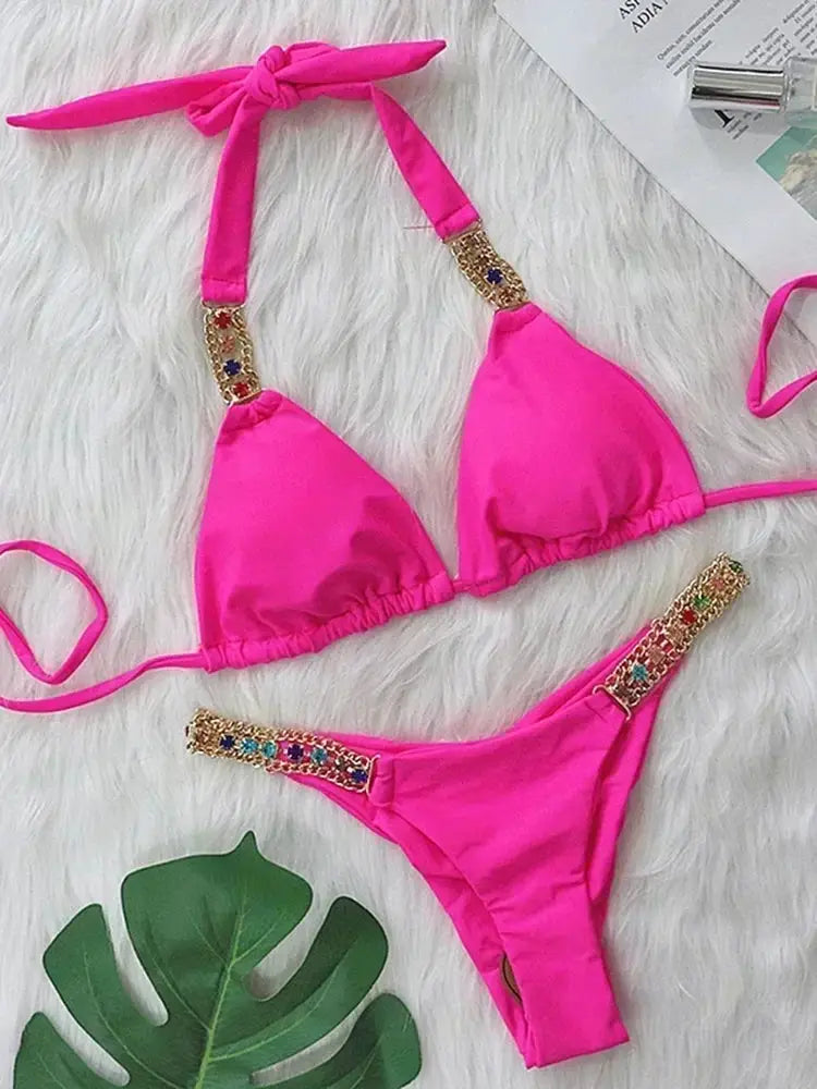 2026 Shiny Rhinestone Diamond Bikini Women Swimsuit Female Swimwear Two Pieces Bikini Set Halter Metal Chains Bathing Suit Swim by White Beach