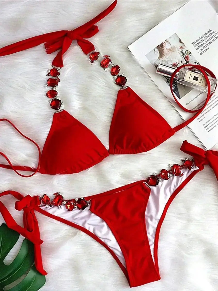 2026 Shiny Rhinestone Diamond Bikini Women Swimsuit Female Swimwear Two Pieces Bikini Set Halter Metal Chains Bathing Suit Swim by White Beach