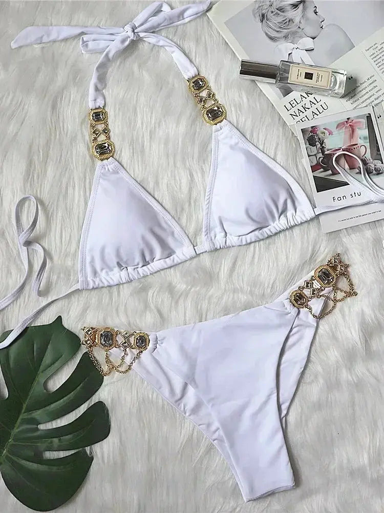 2026 Shiny Rhinestone Diamond Bikini Women Swimsuit Female Swimwear Two Pieces Bikini Set Halter Metal Chains Bathing Suit Swim by White Beach