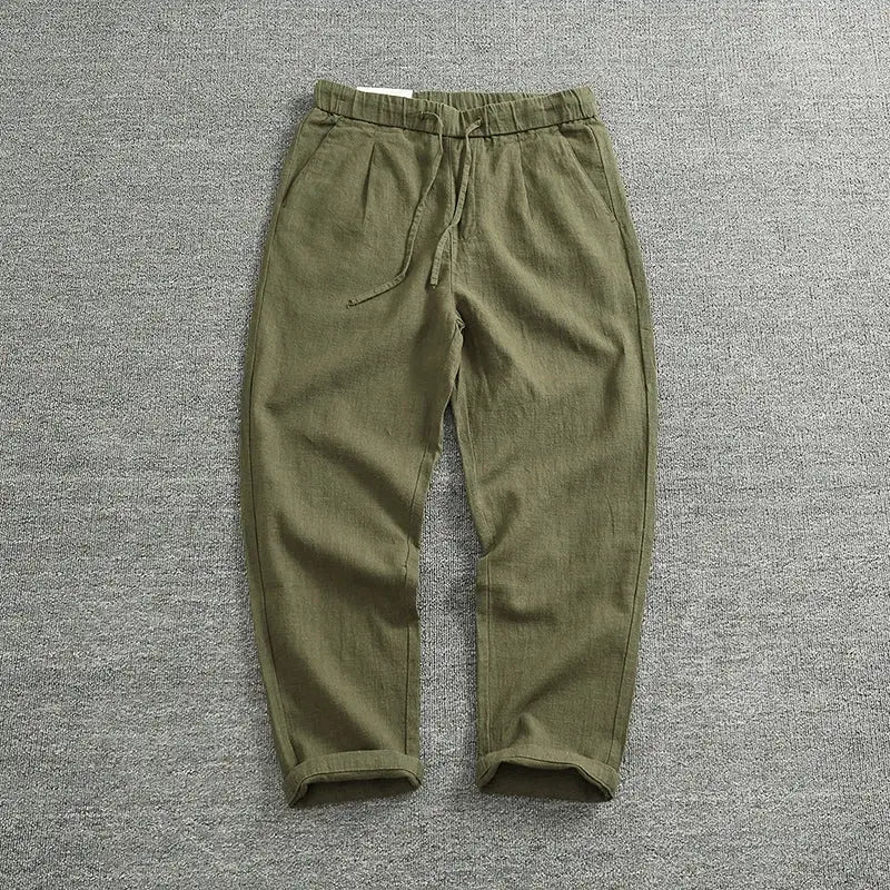 Retro ramie pants men loose straight cone pants cotton and hemp trend business casual pants by White Beach