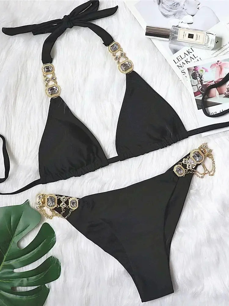 2026 Shiny Rhinestone Diamond Bikini Women Swimsuit Female Swimwear Two Pieces Bikini Set Halter Metal Chains Bathing Suit Swim by White Beach