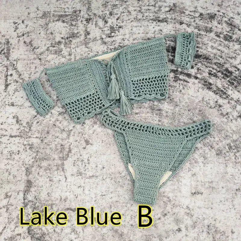 Hand Crochet Women Swimwear Sexy Beach Bikini Set Cover UP Skirt Boho Style Elastic Waistband Tassels by White Beach