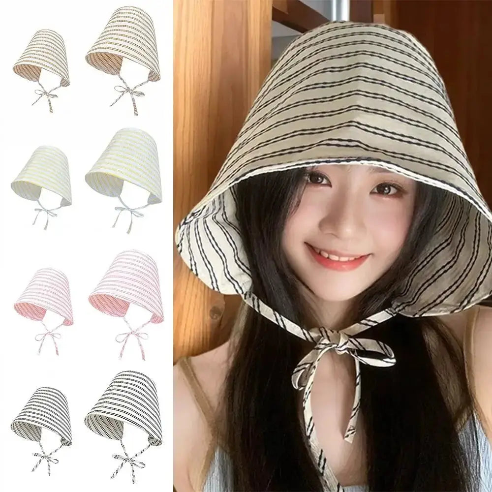 Cartoon Striped Fisherman Hat UV Resistant Sun Shading Bucket Hat Foldable Large Brim Sun Caps Women by White Beach
