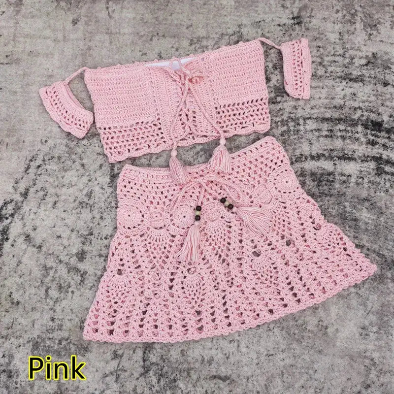 Hand Crochet Women Swimwear Sexy Beach Bikini Set Cover UP Skirt Boho Style Elastic Waistband Tassels by White Beach