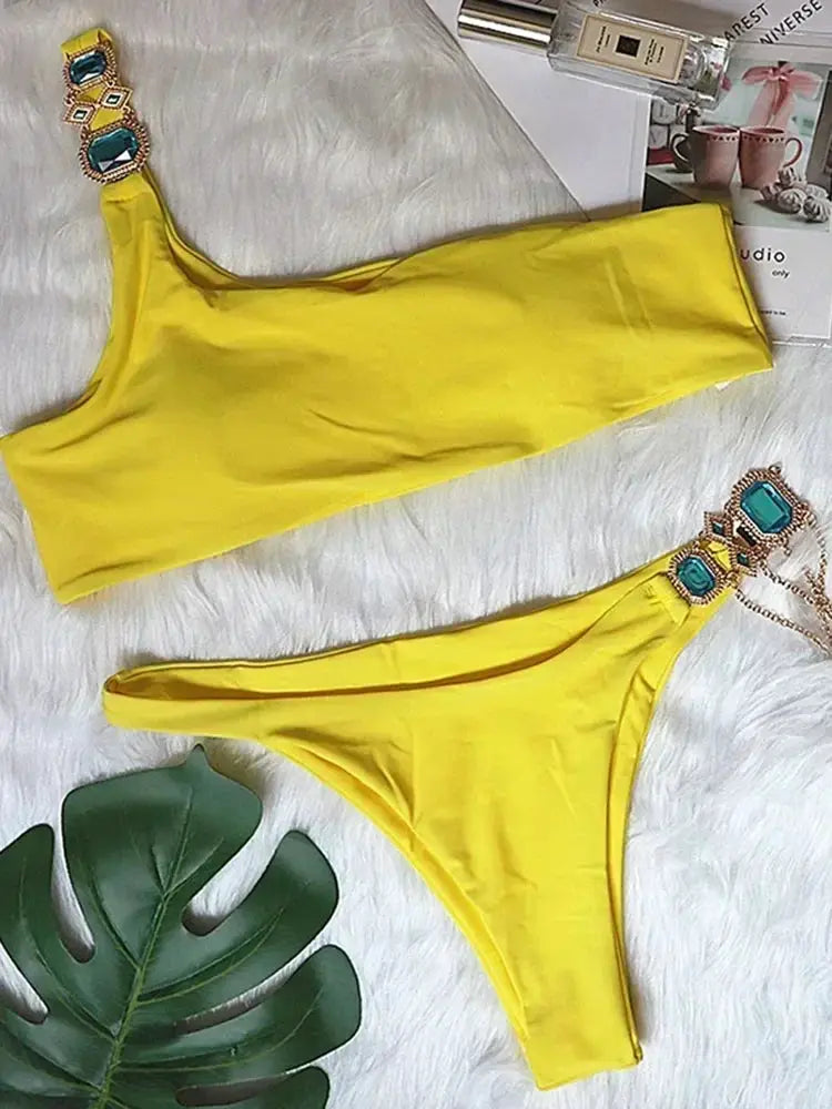 2026 Shiny Rhinestone Diamond Bikini Women Swimsuit Female Swimwear Two Pieces Bikini Set Halter Metal Chains Bathing Suit Swim by White Beach