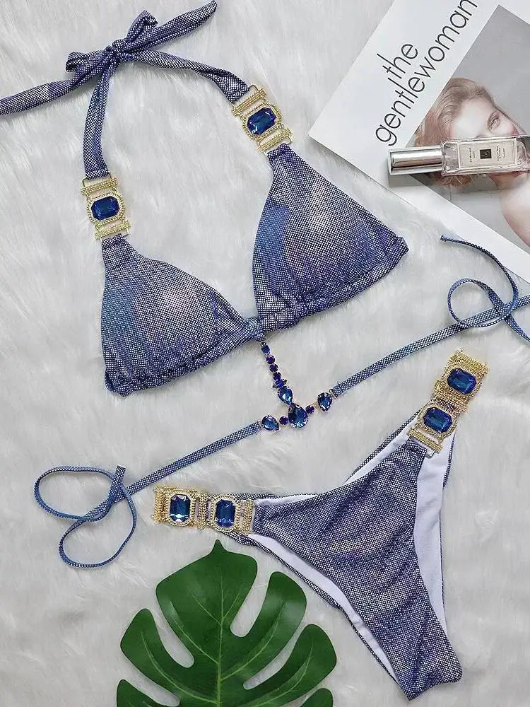 2026 Shiny Rhinestone Diamond Bikini Women Swimsuit Female Swimwear Two Pieces Bikini Set Halter Metal Chains Bathing Suit Swim by White Beach
