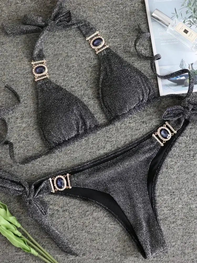 2026 Shiny Rhinestone Diamond Bikini Women Swimsuit Female Swimwear Two Pieces Bikini Set Halter Metal Chains Bathing Suit Swim by White Beach