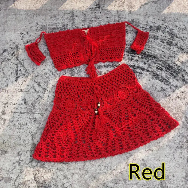 Hand Crochet Women Swimwear Sexy Beach Bikini Set Cover UP Skirt Boho Style Elastic Waistband Tassels by White Beach