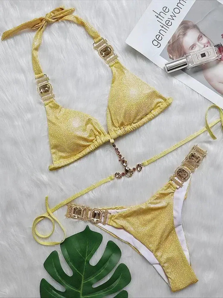 2026 Shiny Rhinestone Diamond Bikini Women Swimsuit Female Swimwear Two Pieces Bikini Set Halter Metal Chains Bathing Suit Swim by White Beach