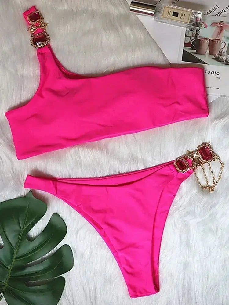2026 Shiny Rhinestone Diamond Bikini Women Swimsuit Female Swimwear Two Pieces Bikini Set Halter Metal Chains Bathing Suit Swim by White Beach