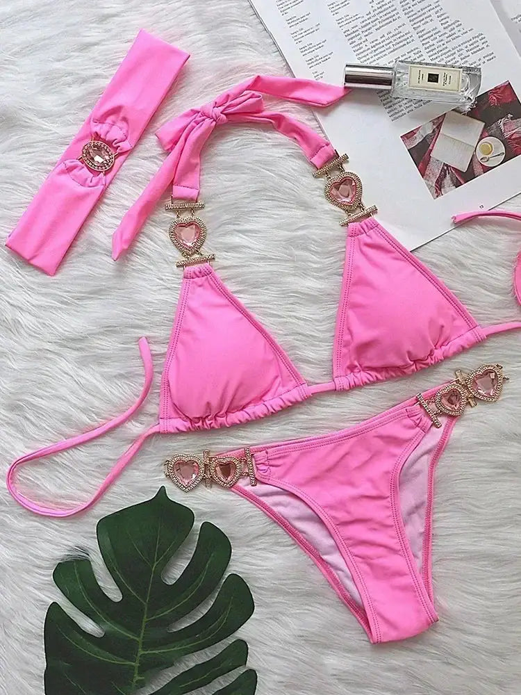 2026 Shiny Rhinestone Diamond Bikini Women Swimsuit Female Swimwear Two Pieces Bikini Set Halter Metal Chains Bathing Suit Swim by White Beach