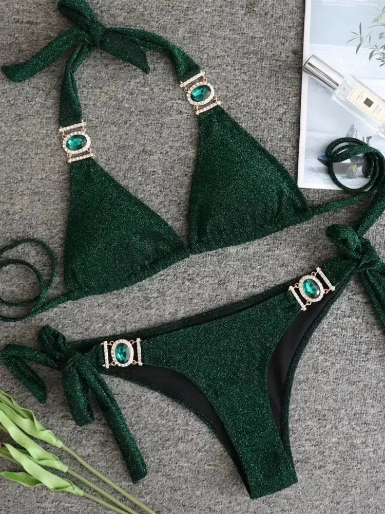 2026 Shiny Rhinestone Diamond Bikini Women Swimsuit Female Swimwear Two Pieces Bikini Set Halter Metal Chains Bathing Suit Swim by White Beach