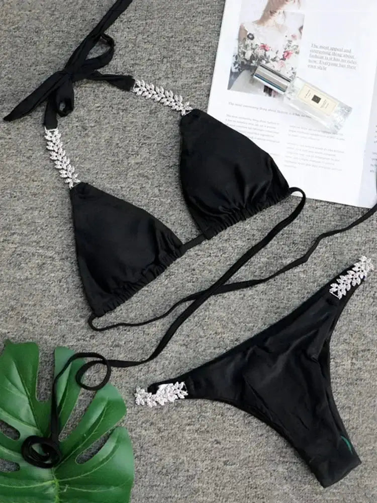 2026 Shiny Rhinestone Diamond Bikini Women Swimsuit Female Swimwear Two Pieces Bikini Set Halter Metal Chains Bathing Suit Swim by White Beach