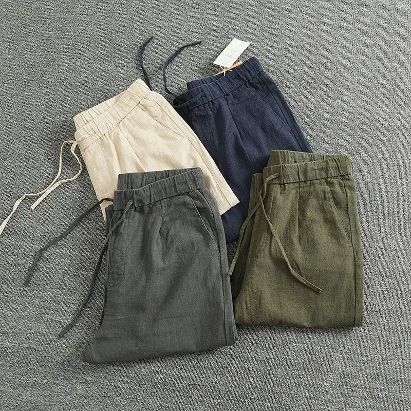 Retro ramie pants men loose straight cone pants cotton and hemp trend business casual pants by White Beach