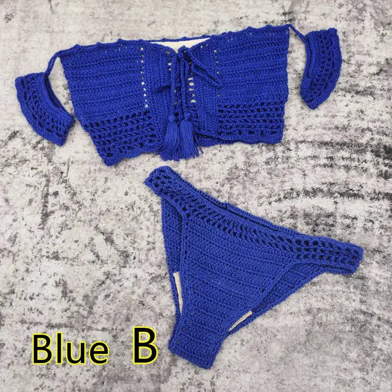 Hand Crochet Women Swimwear Sexy Beach Bikini Set Cover UP Skirt Boho Style Elastic Waistband Tassels by White Beach