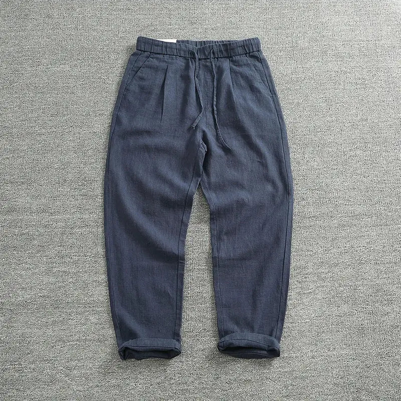 Retro ramie pants men loose straight cone pants cotton and hemp trend business casual pants by White Beach