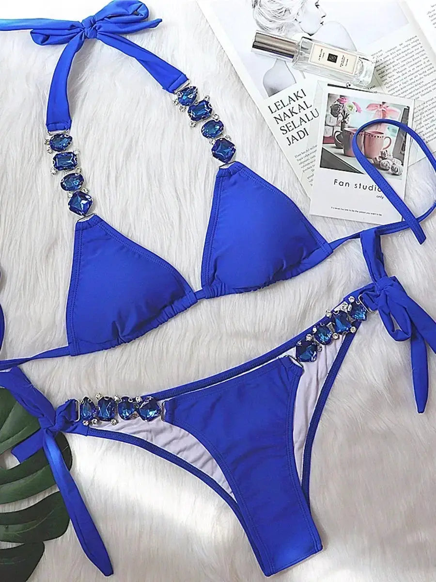 2026 Shiny Rhinestone Diamond Bikini Women Swimsuit Female Swimwear Two Pieces Bikini Set Halter Metal Chains Bathing Suit Swim by White Beach