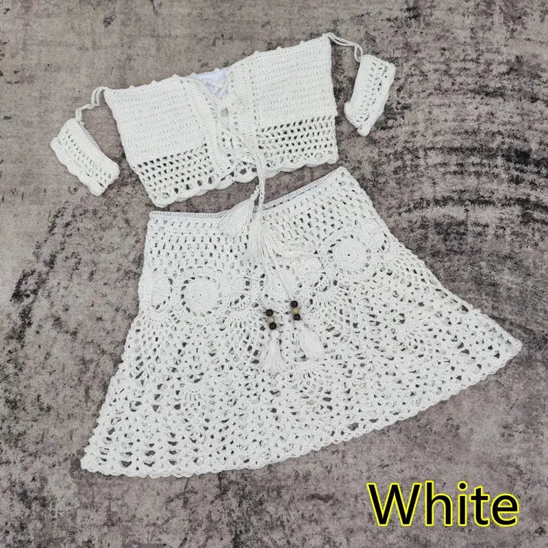 Hand Crochet Women Swimwear Sexy Beach Bikini Set Cover UP Skirt Boho Style Elastic Waistband Tassels by White Beach