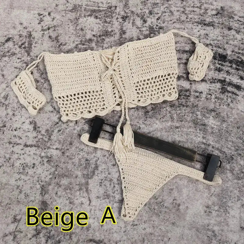 Hand Crochet Women Swimwear Sexy Beach Bikini Set Cover UP Skirt Boho Style Elastic Waistband Tassels by White Beach