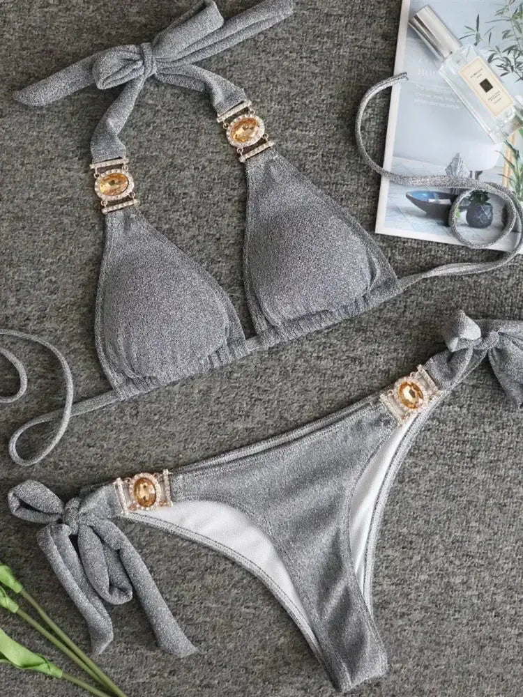 2026 Shiny Rhinestone Diamond Bikini Women Swimsuit Female Swimwear Two Pieces Bikini Set Halter Metal Chains Bathing Suit Swim by White Beach