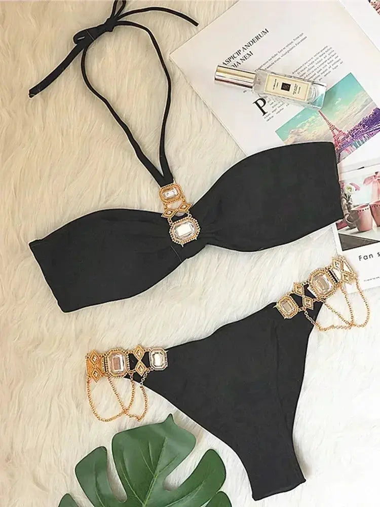 2026 Shiny Rhinestone Diamond Bikini Women Swimsuit Female Swimwear Two Pieces Bikini Set Halter Metal Chains Bathing Suit Swim by White Beach