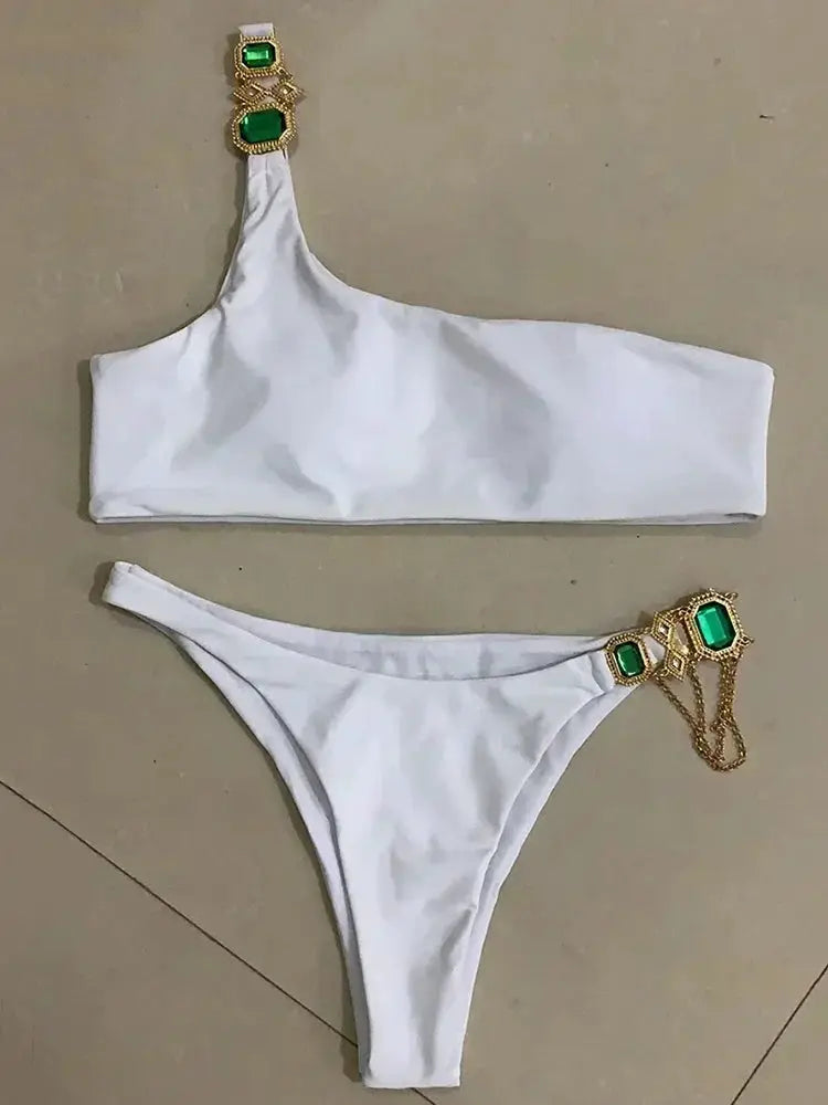 2026 Shiny Rhinestone Diamond Bikini Women Swimsuit Female Swimwear Two Pieces Bikini Set Halter Metal Chains Bathing Suit Swim by White Beach